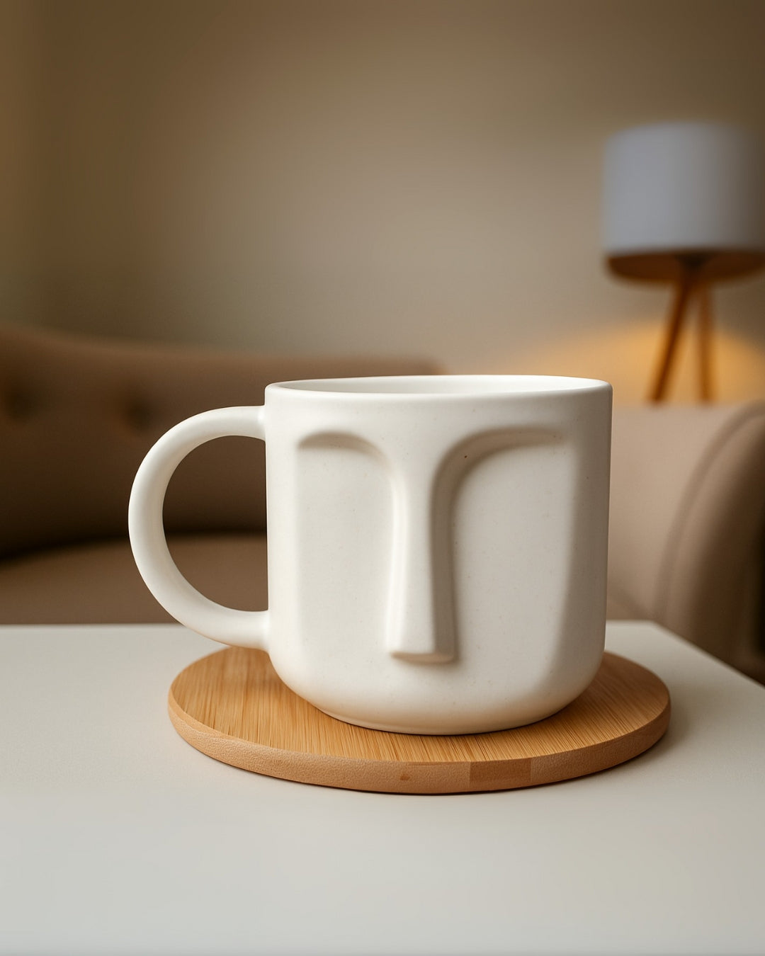 Minimalist White Ceramic Face Mug – Artistic Coffee & Tea Cup