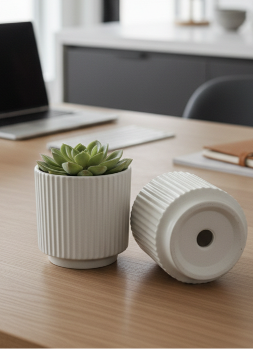 Ceramic planters closer to camera in different room settings