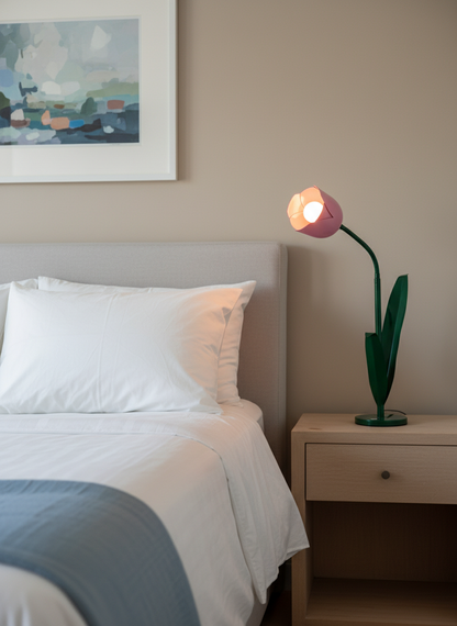 Purple tulip lamp in guest bedroom