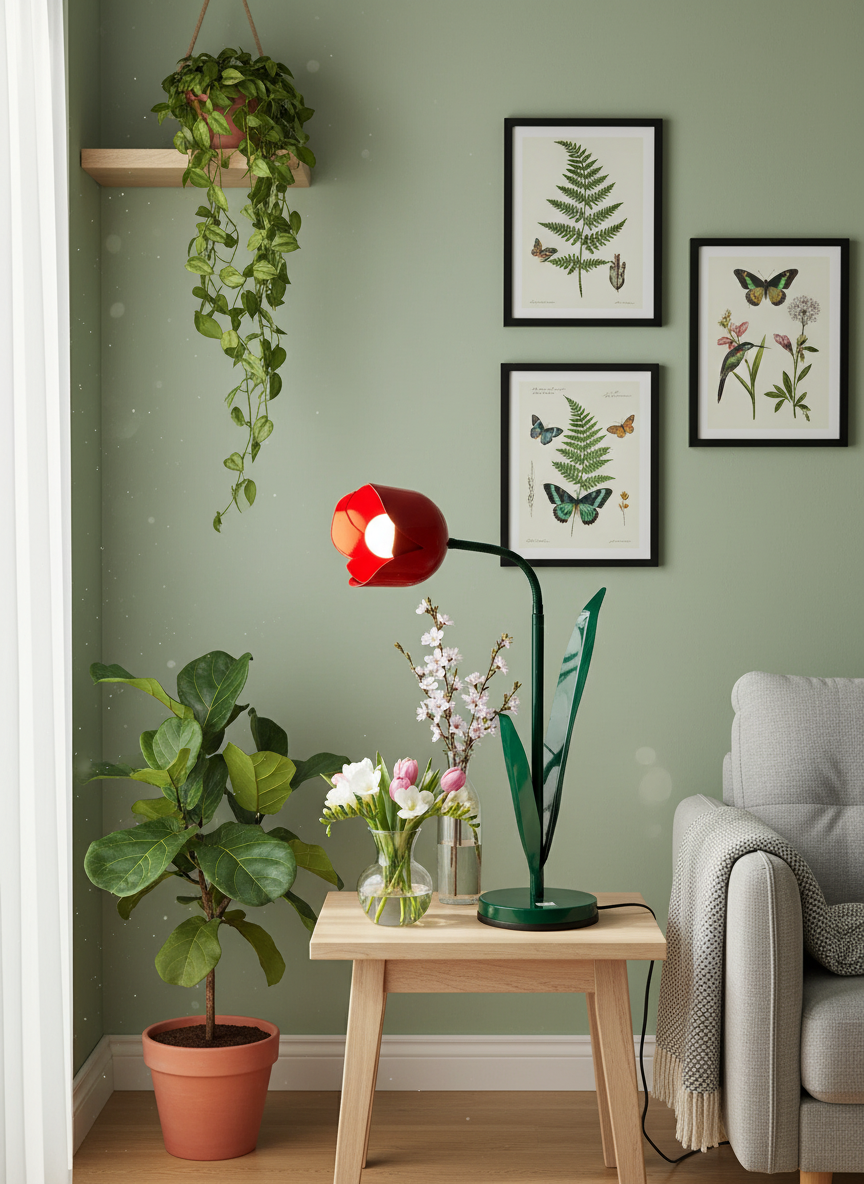 Red tulip lamp in botanical setting