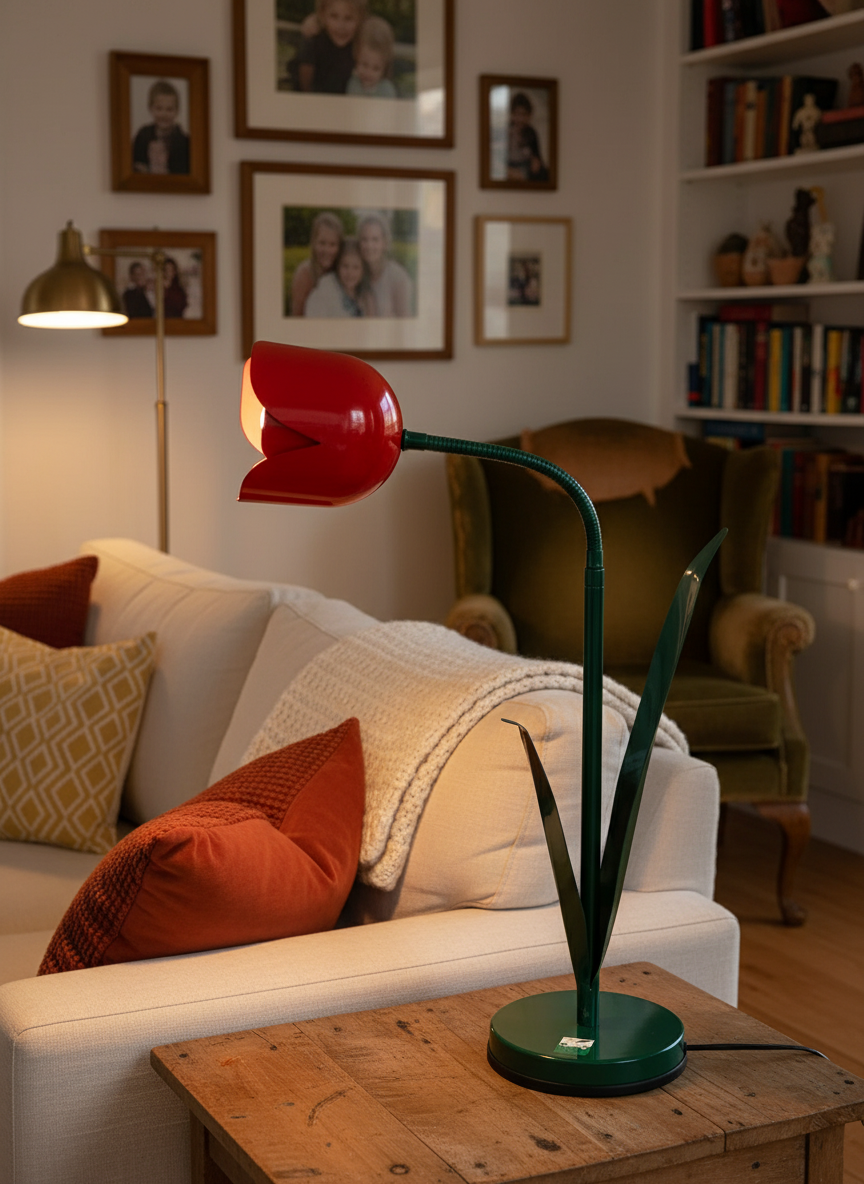 Red tulip lamp in cozy home