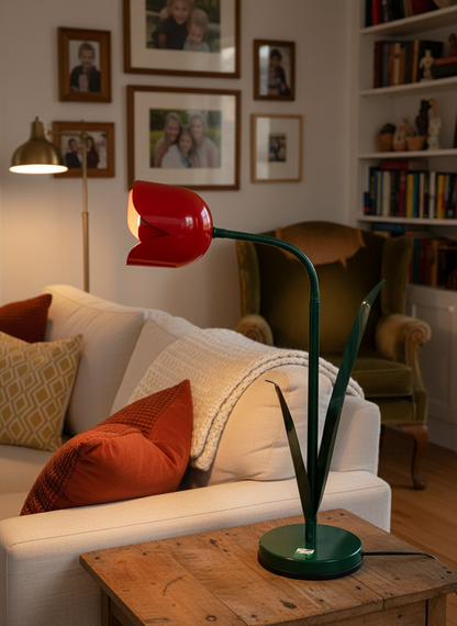 Red tulip lamp in cozy home