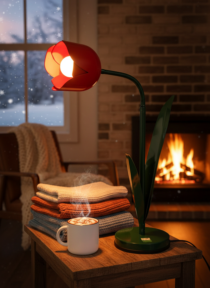 Red tulip lamp in winter hygge setting