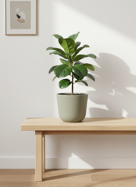 Tilted planter with fiddle leaf fig in home entryway